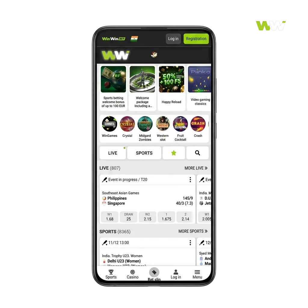 WinWin sports betting and casino app promo showing Android and iOS download, welcome bonus up to 200% + 150 free spins in Bangladesh