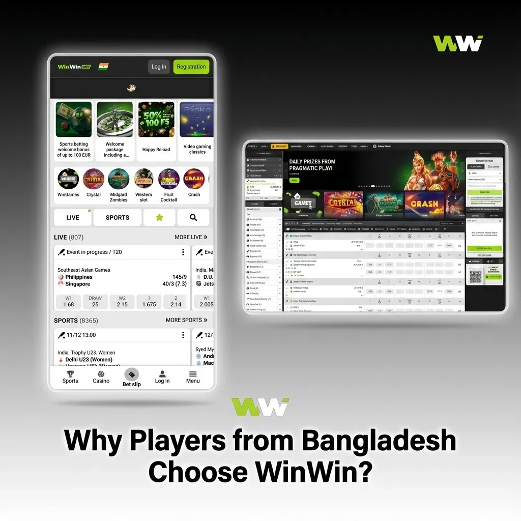 Bangladeshi player using WinWin casino on a smartphone, showing BDT payments, bonuses, and local games on screen