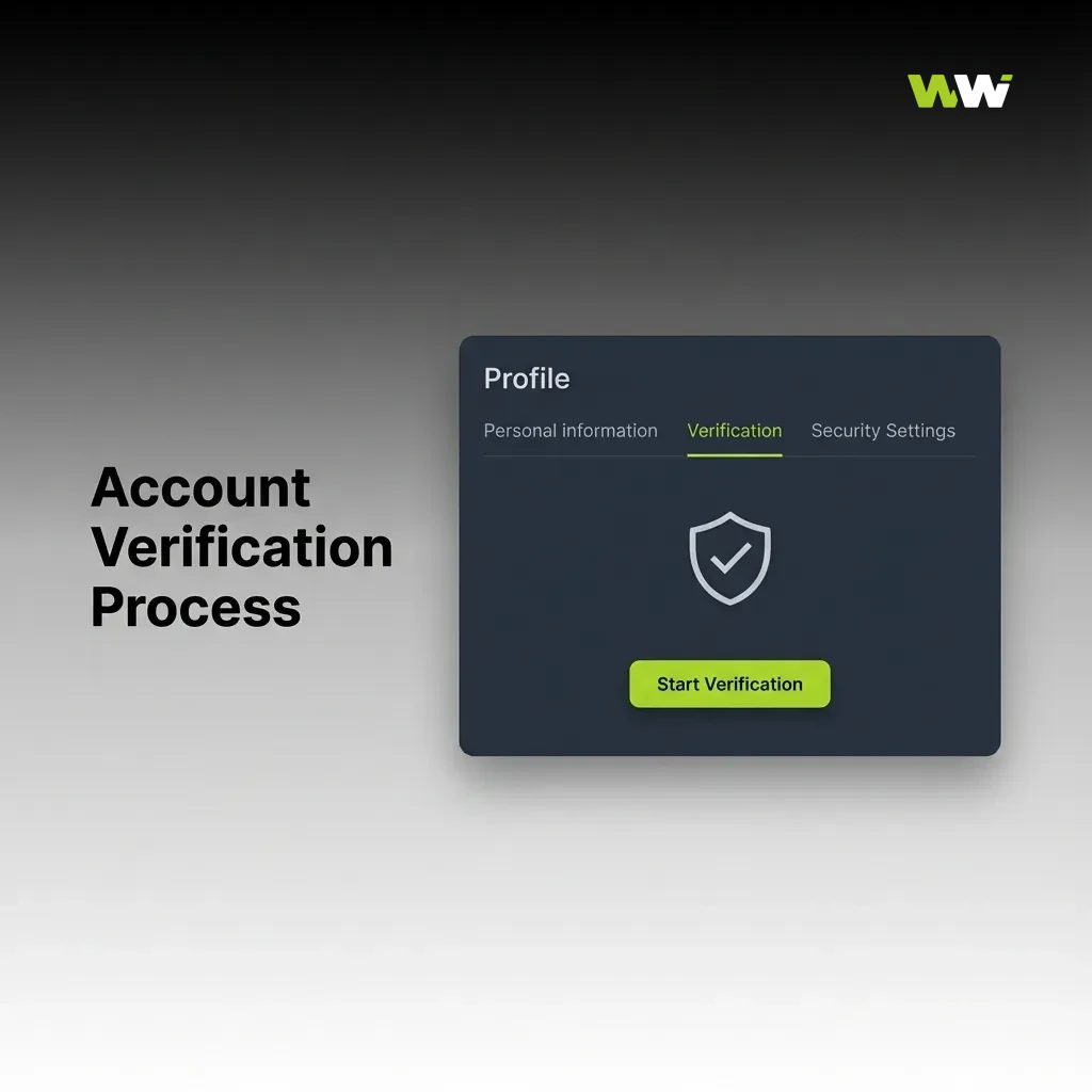 Illustration of account verification steps with icons for ID check, address proof, payment proof, and security approval