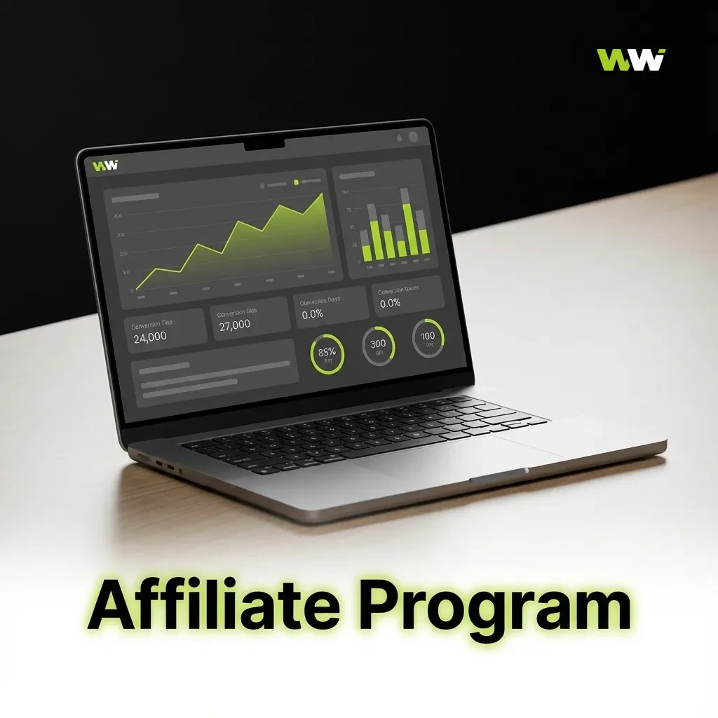 Illustration of WinWin affiliate program showing partners earning commissions via tracked referrals and marketing channels