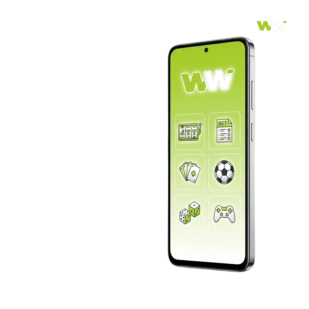 Smartphone showing WinWin Android app with sports bets, live markets, slots and live casino for users in Bangladesh