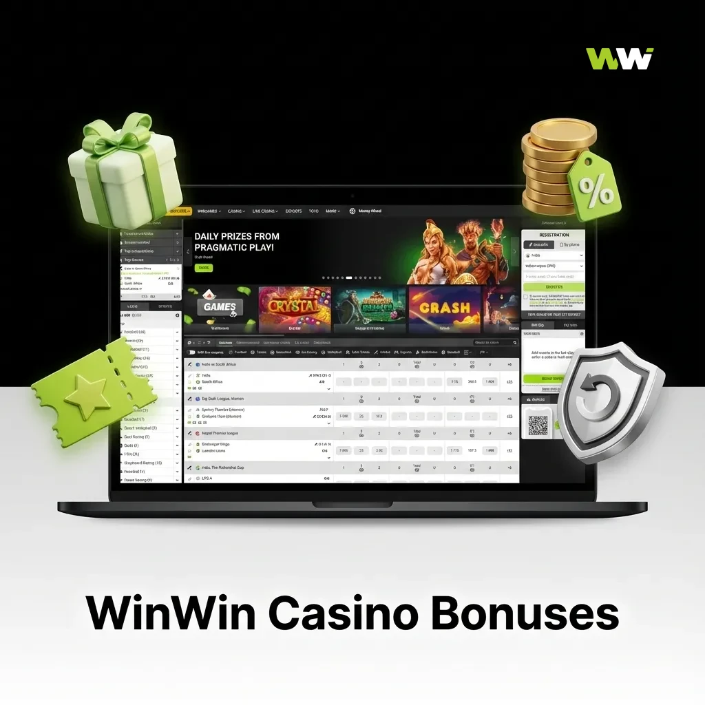 Colorful WinWin Casino banner showing bonuses: first deposit match, free spins, reload offers, cashback, live table promotions