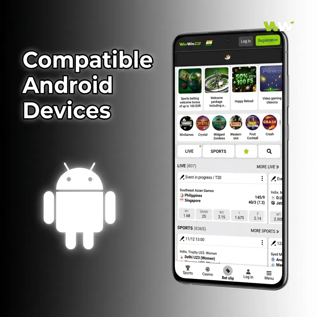 Graphic showing WinWin APK compatibility with popular Android phones in Bangladesh, listing models from Xiaomi, Realme, Samsung