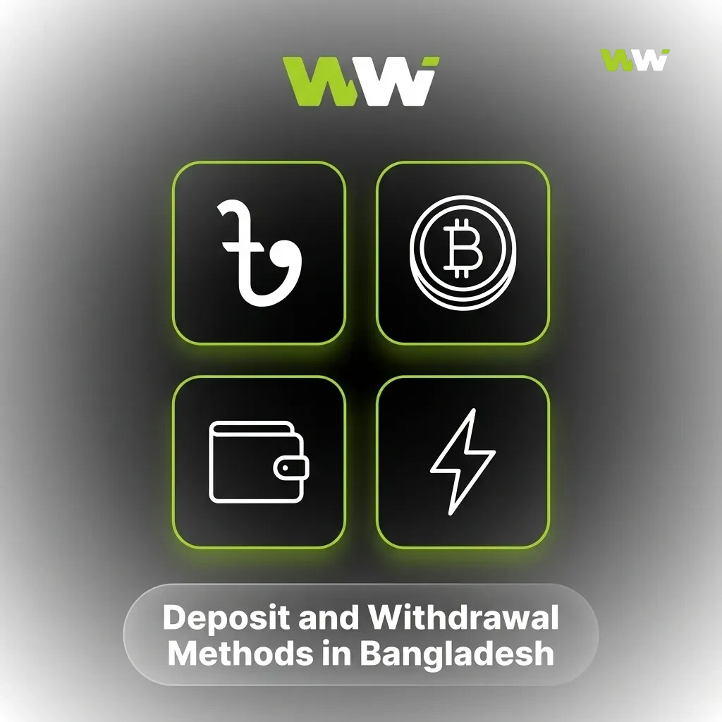 Icons of bKash, Nagad, Rocket, Upay, TAP, Mob Cash, Perfect Money and crypto coins for deposits and withdrawals.