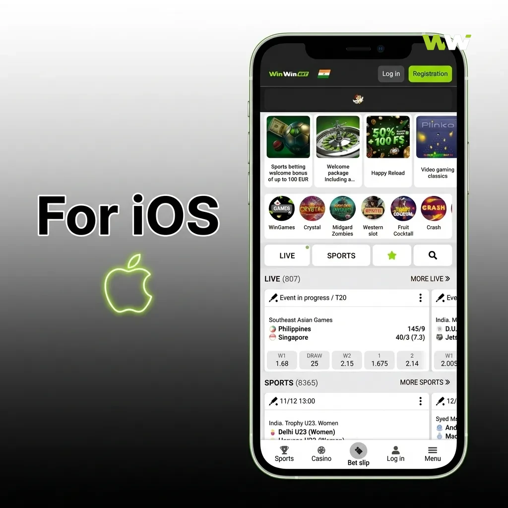 Illustrated iPhone showing the WinWin casino app interface and installation steps from Safari to App Store on iOS.