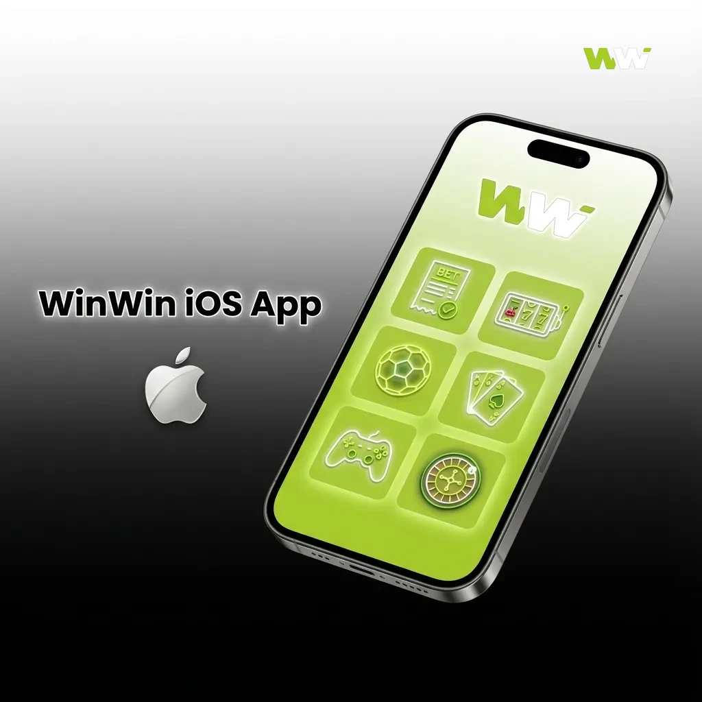 WinWin iOS app on iPhone screen showing sports betting, slots, and live tables, available free for iOS 12 and above