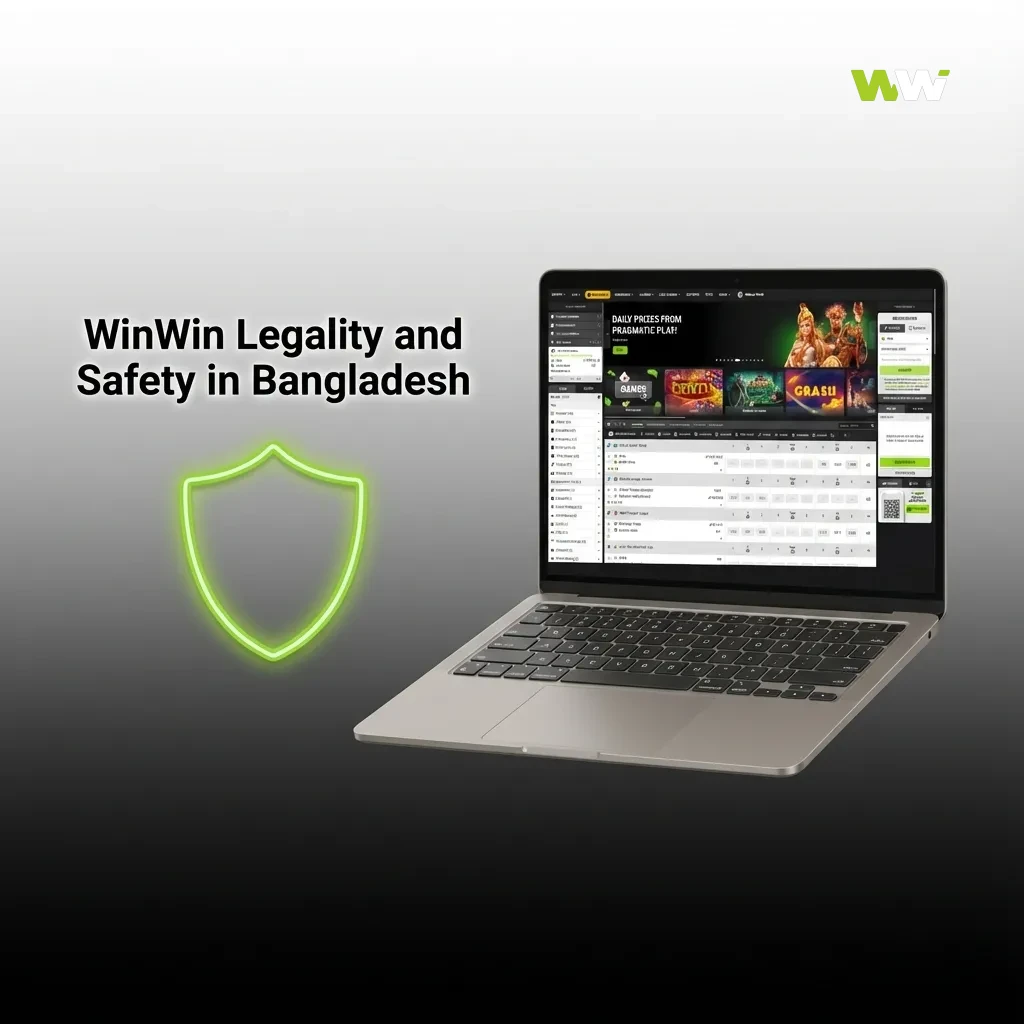 Banner titled “WinWin Legality and Safety in Bangladesh” with icons for security, fairness, encryption, and responsible gambling