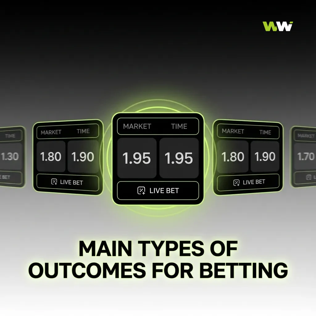 Infographic titled “Main Types of Outcomes for Betting” showing icons for match result, totals, handicap, BTTS, and player stats