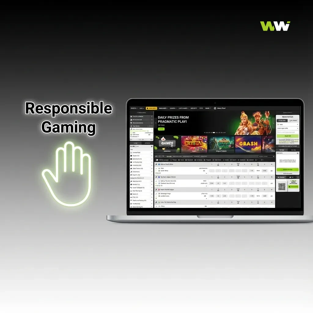 Illustration of a player using responsible gaming tools, showing limits, time reminders, and safe play guidance on a screen